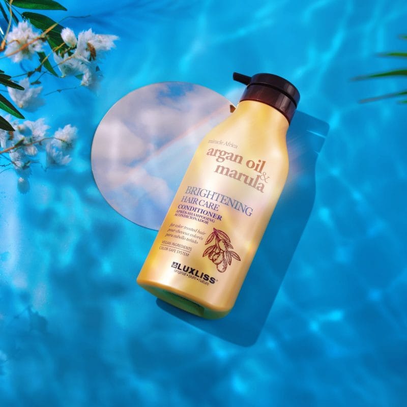 LUXLISS kondicionierius suteikiantis spindesio dažytiems plaukams Marula Oil & Argan, 500 ml