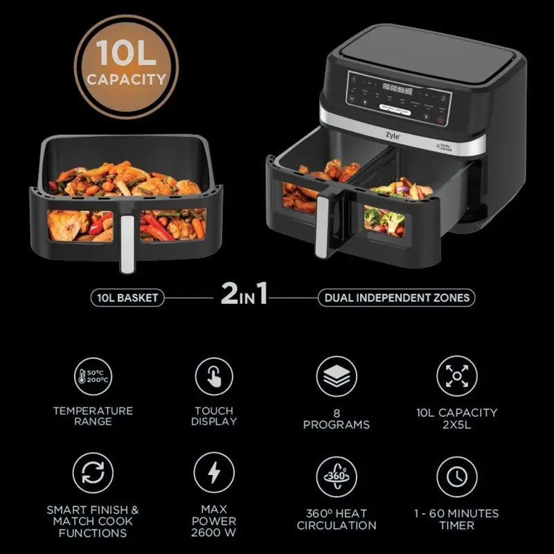 Karšto oro gruzdintuvė Zyle Dual Air Fryer 2 in 1 ZY551AF, 10 l